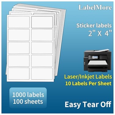 LabelMore 1000 2 x 4 Shipping Address Labels Inkjet Laser Compatible Permanent Adhesive 100 Sheets 10 Labels Each