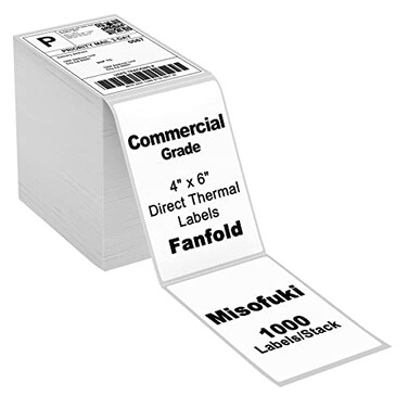 Misofuki 4x6 1 Stack 1000 Labels Fanfold Direct Thermal Shipping Labels Compatible with Rollo MUNBYN Zebra Fargo Label Printer Permanent Adhesive White Commercial Grade Labels for Thermal Printers