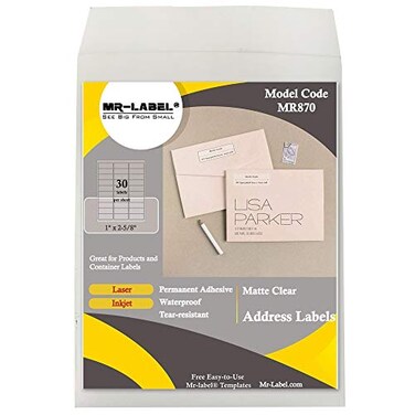 MR-LABEL MrLabel 1x 258 Matte Frosted Clear Address Labels Waterproof and TearResistant for Inkjet Laser Printer for Envelope Gift Bag Bottle Bar Code 50 Sheets Total 1500 Labels