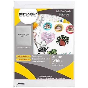 MR-LABEL MrLabel White Matte Printable Vinyl Sticker Paper Waterproof Full Letter Sheet Label for InkjetLaser Printer for Home BusinessDIY Stickers25 sheets25 Labels