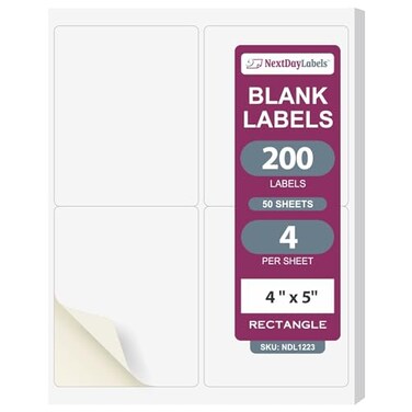 NextDayLabels 4 x 5 Rectangular Sticker Labels for Printer White LaserInkjet Printer Labels Return Address Labels Shipping Label Stickers 50 Sheets 4 Per Sheet 200 Labels