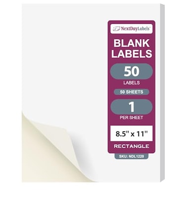 NextDayLabels Full Page Labels 85 x 11 White Shipping Labels 85 x 11 Label Paper for Printer Large Blank Matte Sticker Printer Paper LaserInkjet Printer Labels 1 Per Sheet 50 Labels
