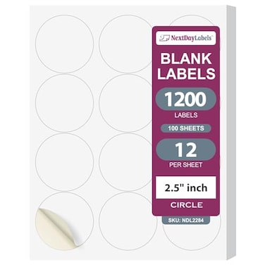 NextDayLabels 25 Inch Round Circle Stickers White Blank Labels for Laser Inkjet Printer 12 Per Sheet SelfAdhesive Product Packaging Logo Made in USA 1200 Labels