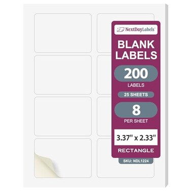 NextDayLabels 338x233 Inch Rectangle Stickers White Blank Labels for Laser Inkjet Printer 8 Per Sheet SelfAdhesive Shipping Address Mailing Made in USA 200 Labels