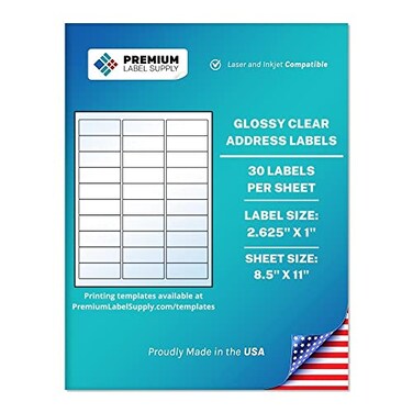 Premium Label Supply Glossy Clear Address Labels 2625 x 1 LaserInkjet Compatible 30 per Sheet 10 Sheets 300 Total Adhesive Labels