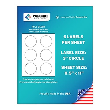 Premium Label Supply White Sticker Round Labels with Bleed 3 Circle LaserInkjet Compatible 6 per Sheet 25 Sheets 150 Total Adhesive Labels