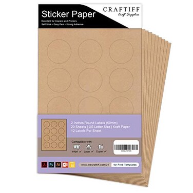Craftiff Round Kraft Labels Stickers Printable Paper Brown Color 2 inches Pack of 240 Labels 20 Sheets