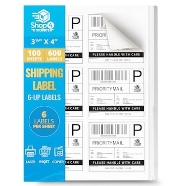 Shop4Mailers 6Up White Permanent Self Adhesive Shipping Labels 3 13 x 4 Easy Peel Stickers for Laser Inkjet Printers 100 Sheets 600 Count Labels