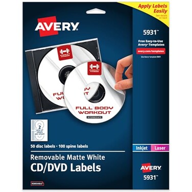 Avery Printable CD Labels Matte White Removable Adhesive Laser Inkjet Printer Compatible 50 Disc 100 Spine Labels Ideal for CDs DVDs PC Discs Media Projects More 5931