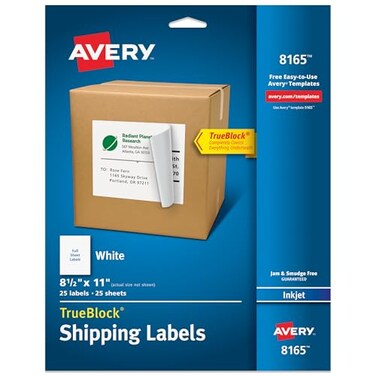 Avery FullSheet Printable Shipping Labels 85 x 11 Customizable Stickers White 25 Blank Mailing Labels Great for Mailing Shipping Organizing and More 8165