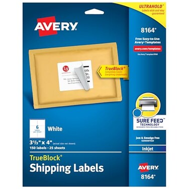 Avery Printable Shipping Labels with Sure Feed 313 x 4 White 150 Blank Mailing Labels 8164