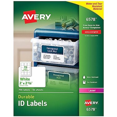 Avery Durable White Cover Up ID Labels for Laser Printers 2 x 2625 Pack of 750 6578