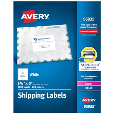 Avery Printable Shipping Labels with Sure Feed 35 x 5 White 1000 Blank Mailing Labels 95935