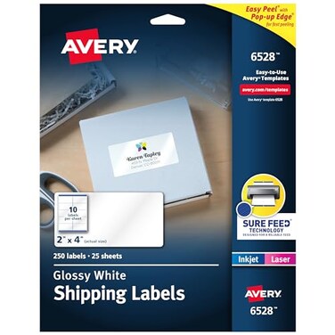 Avery Shipping Labels Sure Feed and Easy Peel Technology Glossy White Labels 2 x 4 Permanent Adhesive LaserInkjet 250 Total 6528