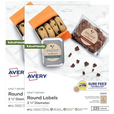 Avery Kraft Brown Round Labels with Sure Feed Technology 25 Diameter Print to the Edge LaserInkjet Printable Labels 2 Packs of 22808 450 Total 5639
