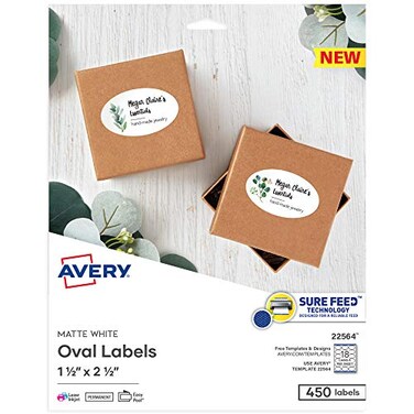 Avery Printable Blank Oval Labels 15 x 25 Matte White 450 Customizable Labels 22564
