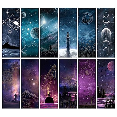 Anseal 12 PCS Cool Space Starry Night Bookmark Bookmarks for Book Lovers Bulk Bookmarks for Men Unique Book Mark for Boys Girls Students Classroom Gifts School Prize Reading Present