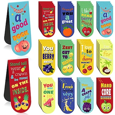 Eaasty 48 Pack Scented Bookmarks Magnetic Scratch and Sniff Fruit Food Bookmarks for Kids Cute Page Markers with Sayings for Kids Students Teens TeachersFruit Flavor