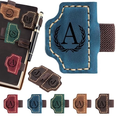 Artlaza Personalized Magnetic Leather Bookmark with Pen Holder 26 Letters Custom Book Mark with Name Initial Engraved Book Marker for Readers Book Lovers Travelers Gift for Women MenBlueA