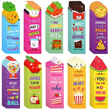 Eersida 60 Pieces Scratch and Sniff Scented Bookmarks Kids Fruit Food Theme Sayings Bookmarks Sayings Assorted Cute Scented Gifts for Students Teens Food Lovers 10 Styles