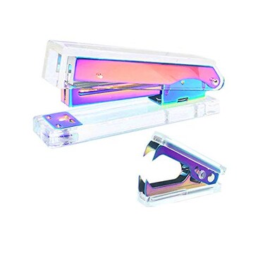 MEI YI Office Stapler Staples Remover Set Clear Acrylic Metallic Rainbow Tone Desk Executive Manual Staplers and Staple Remover Tool for Desktop Accessories Supplies Clear Rainbow