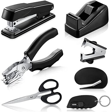 Tenare 7 Pcs Black Office Supplies Desk Accessory Kit Stapler and Tape Dispenser Set with Stapler Remover Single Hole Punch Scissors Telescopic Knife Keychain Envelope Slitter Mail Opener