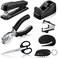 Tenare 7 Pcs Black Office Supplies Desk Accessory Kit Stapler and Tape Dispenser Set with Stapler Remover Single Hole Punch Scissors Telescopic Knife Keychain Envelope Slitter Mail Opener