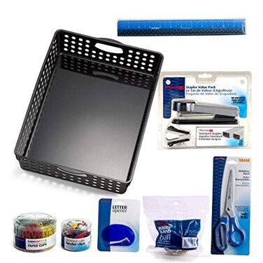 Officemate Home Office Supplies Kit File Basket with Stapler Staples Scissors Paper Clips Binder Clips and More 8 Piece ValuePack Work from Home 97310
