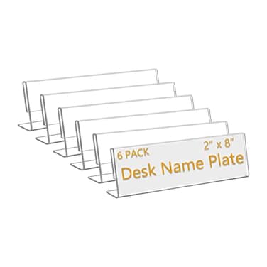 Opexscal 6 Pack 8W x 2H Acrylic Office Name Plates Name Labels for Desks Horizontal Slant Back Clear Desk Sign Holder for Table Display
