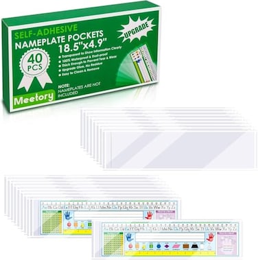 Meetory 40 PCS Upgraded Nameplate Pocket 185 x 49 Self Adhesive Desk Nameplates Name Tag Pocket No Residue Clear Plastic View Name Tag Sleeves for Classroom Desk Office Supplies