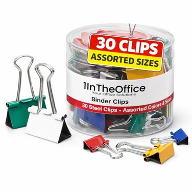 1InTheOffice Binder Clips Assorted Size Mini Small and Medium Binder Clips Paper Clamps 30 Pack
