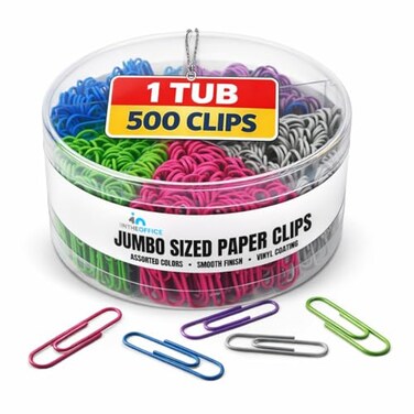 1InTheOffice Jumbo Paper Clips NonSkid Vinyl Coated Assorted Colors 500Pack 1 Pack