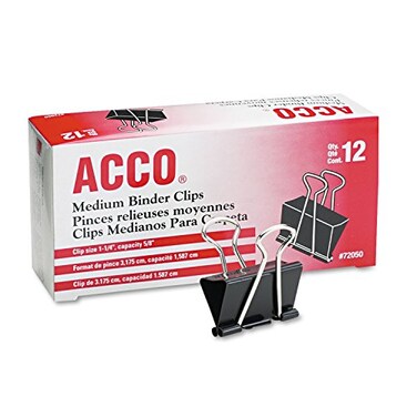ACCO Brands Acco 72050 Medium Binder Clips 114Inch W 58Inch Cap BlkSilver Sold as 1 Dozen