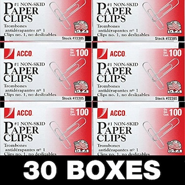ACCO Brands ACCO Paper Clips 1 Size Economy NonSkid 30 Boxes 100Box