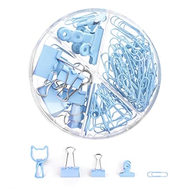 CREECHWA Blue Paper Clips and Binder Clips Set Metal Assorted Sized Binders with Push Pins Cute Office Supplies for Desk Desk Accessories