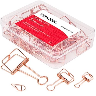 VENCINK Rose Gold Wire Binder Clips and Cute Paper Clips Set Assorted Sizes 2 Large 6 Medium 10 Small Smooth Stainless Hollow Office Clamp Clips