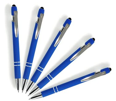 Lenden Pack of 5 Rubberized Comfort Soft Touch 2 in 1 Ballpoint Pen Capacitive Stylus Tip Premium Metal Medium Point Black Ink Compatible with Most Touch Screens Blue