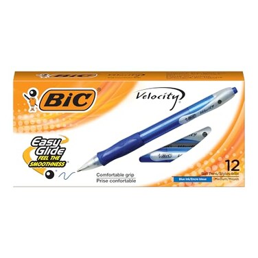 BIC Velocity Retractable Ballpoint Pens Medium Point 10 mm Blue Ink Pens 12Count Pack With Comfortable Grip