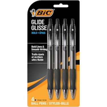 BIC Glide Bold Black Ballpoint Pens Bold Point 16mm 4Count Pack Retractable Ballpoint Pens With Comfortable Full Grip