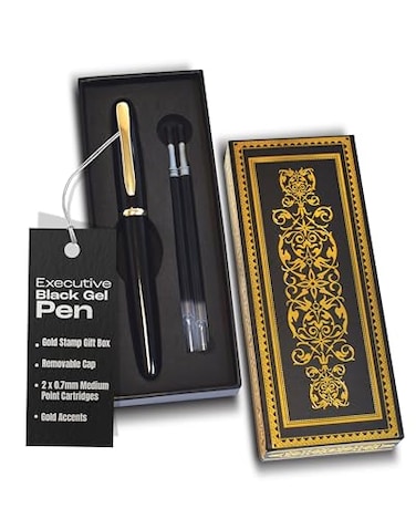 Better Office Products Executive Rollerball Gel Ink Pen Set in Gift Box Black Gloss Classic Business Pen with Removable Cap Gold Accents Includes 2 Black 07mm Medium Point Cartridges