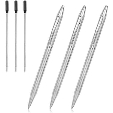 Cambond Metal Ballpoint Pens Black Ink Fancy Pens for Wedding Guest Book Signing Journaling Office 10mm Medium Point Retractable Silver Pen Set for Gift 3 Pens with 3 Refills Silver