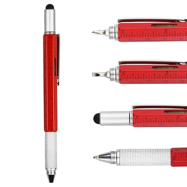 DUNBONG Metal Multi tool Pen 6in1 Stylus Pen With Screwdriver Ballpoint Pen Black ink Stylus pen Level and Ruler 1Count Red