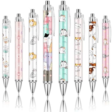 Ireer 8 Pcs Ballpoint Pens for Women 100 mm Cute Black Ink Fancy Pens Fine Point Smooth Writing for Students Classroom Office SuppliesCat