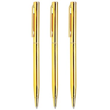 LONGKEY 3 Pack Slim Ballpoint Pens Black ink Medium Point 10 mm Writting Pen Great Gift for Wedding Business Office Students Teachers Christmas Gold