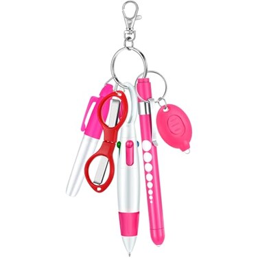 MotiMind 6 Pcs Nurse Pen Set Include Permanent Marker Pen Retractable Ballpoint Pen Keychain Clip Foldable Scissors Lights LED Flashlight Keychain for Nurse AccessoriesPink