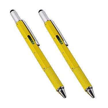 AIYIBEN Multiword 6 in 1 Multi Function Tool Ballpoint Pen with Ballpoint Ruler Screwdriver A Flat Head TouchScreen Pen Levelgauge 2PCS Yellow