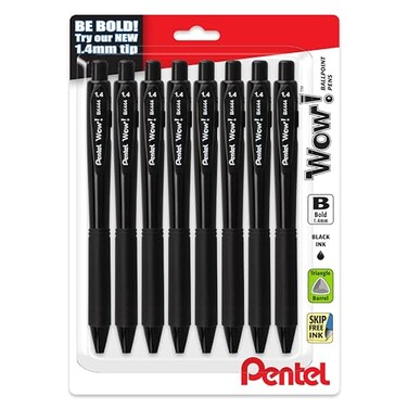 Pentel Wow Retractable Ballpoint Pen 14mm Bold Line Black Ink Pack of 8 BK444BP8A