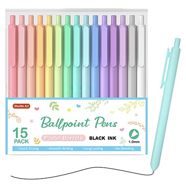 Shuttle Art Ballpoint Pens 15 Pack Pastel Retractable Black Ink Ball Point Pens Cute Pens 10mm Medium Point Quick Drying for Writing Journaling Taking Notes School Office Home