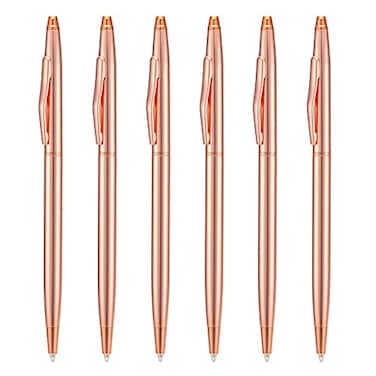 Wikult 6 Pieces Rose Gold Slim Metal Ballpoint Pen 1mm Medium Point Black Ink Smooth Writing for Business Office Teacher Student Wedding Guest