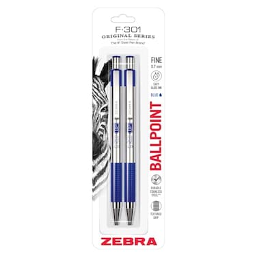 Zebra Pen F301 Ballpoint Blue Ink Fine Point 07mm Pen EasyGlide Ink Stainless Steel Retractable NonSlip Grip Professional Design Ideal for Office Journal and Planner Use 2Pack 27122